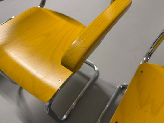 Juego de cuatro sillas cantilever Thonet Mart Stam Modelo S43, Sillas de comedor, Madera, Cromo, Amarillo (foto 7 de 15)
