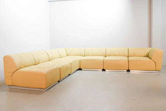 Image 1 of Distinguished Mid-Century Sandy Leather Domaine Modular Walter Knoll Sofa Designed by Bernd Münzebrock, 7 Elements. Germany, 70s