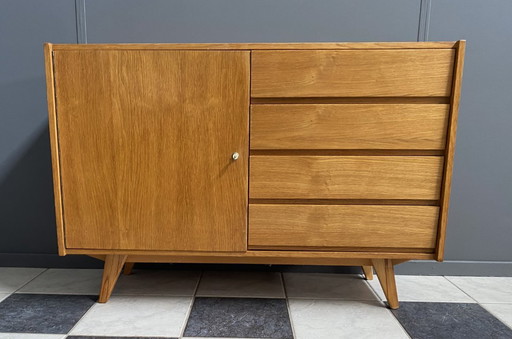 Jiri Jiroutek blond houten dressoir jaren 60 model U458 4 laden en een deur