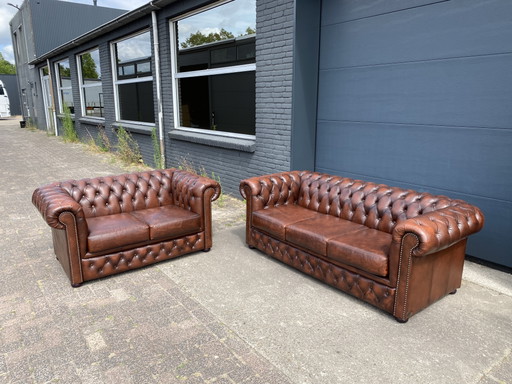 Sofá de 3+2 plazas color marrón flameado en perfecto estado. – Chesterfield, banken, Leather