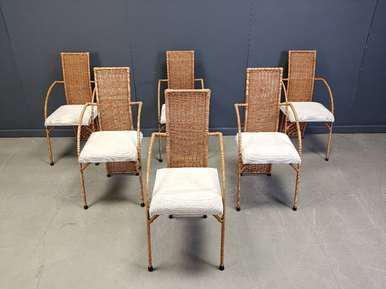 Image 1 of Vintage wicker high back dining chairs set of 6 - 1980s