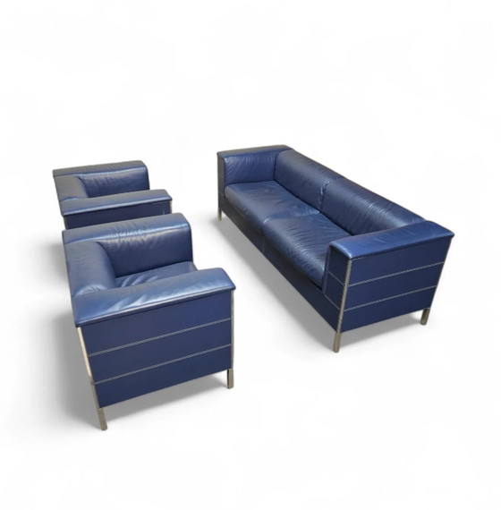 Poltrona Frau set / donkerblauw leer / Talus / bank - stoelen / 3-zits / 2 x loungestoelen – Loungesets (photo 10 of 14)