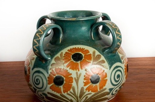 French vase, 4 handles, glazed stoneware, Art-Nouveau style by Léon Echlinger, Soufflenheim 1910.