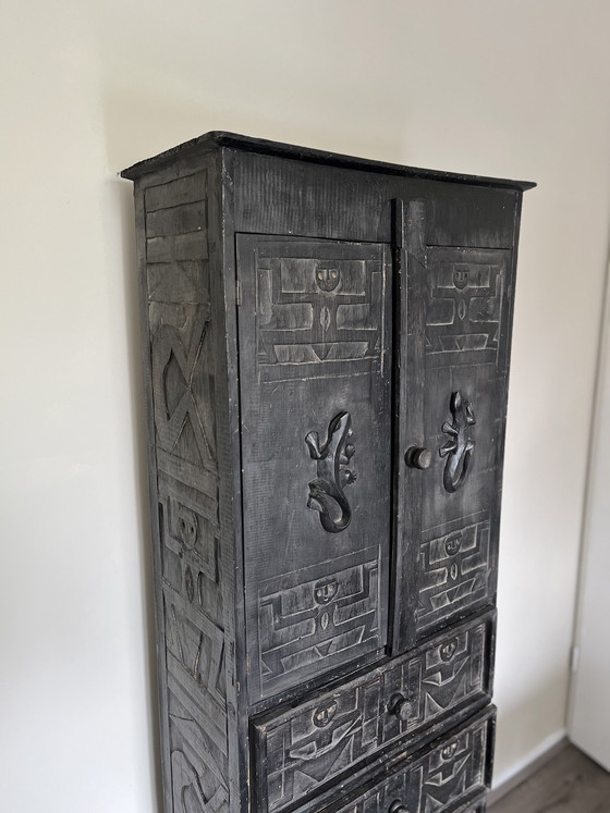 Image 1 of Vintage hand-carved black wooden chest 