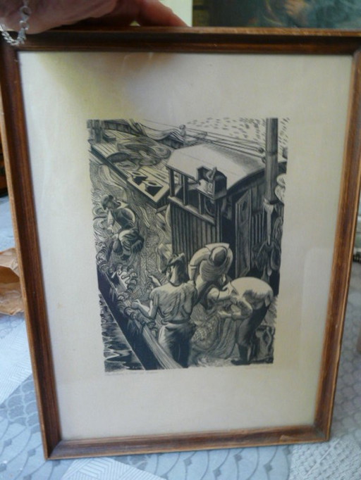 woodcut of Jean Chièze trawler in port en Bessin