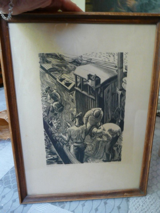 Image 1 of gravure sur bois de Jean Chièze chalutier en port en Bessin