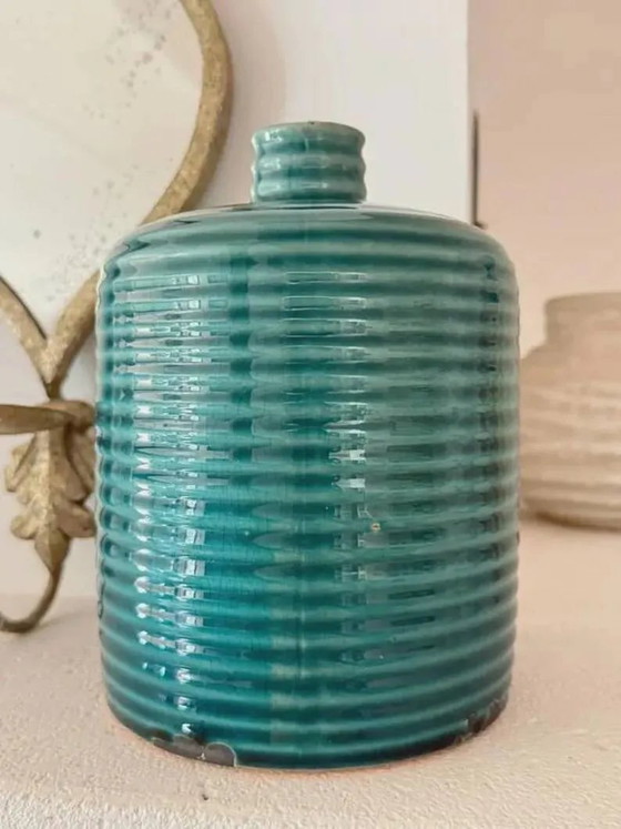 Eendenblauwe geribbelde geglazuurde keramische flesvaas – Mid-Century stijl – Vazen, Porselein, Keramiek (photo 7 of 9)