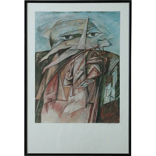 Litografía antigua «Hombre con dos cabezas» de Cyr Frimout, 1990