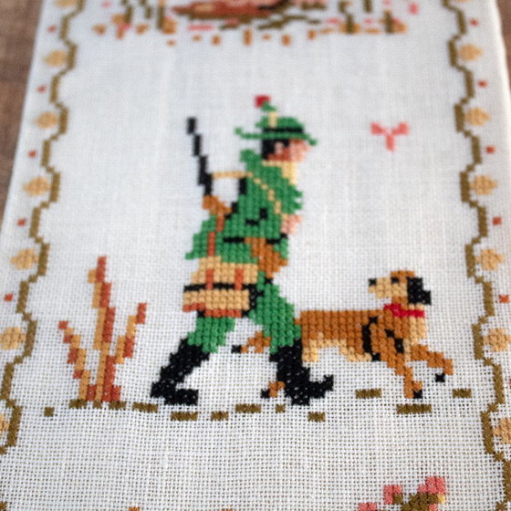 Image 1 of Vintage Bell Pull Embroidery with Autumn Hunting Theme