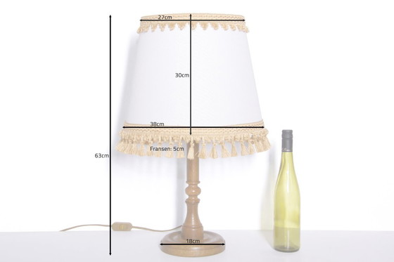Image 1 of Table lamp wood textile light beige brown fringes 63cm 80s J Vintage