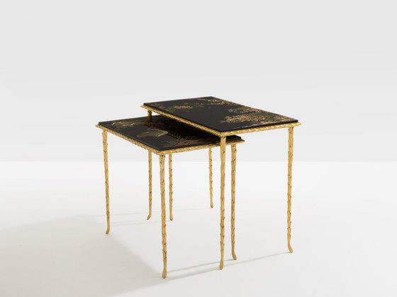 Image 1 of Maison Baguès foliage gilt bronze chinoiserie lacquered side tables 1950s