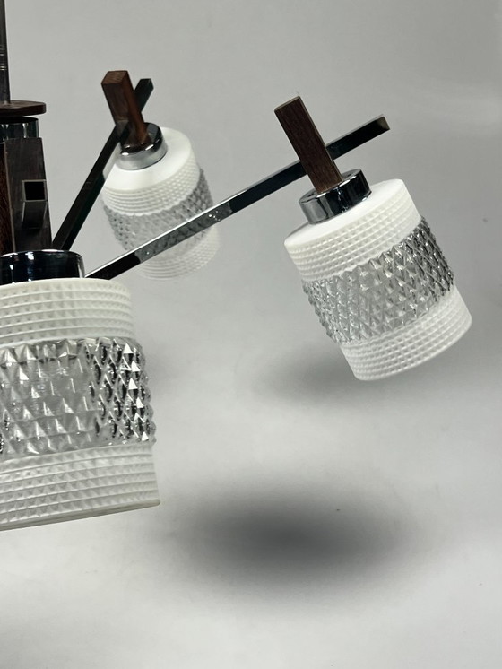 Image 1 of Vintage Kroonluchter, Chroom Met Glas En Hout, België 1970's