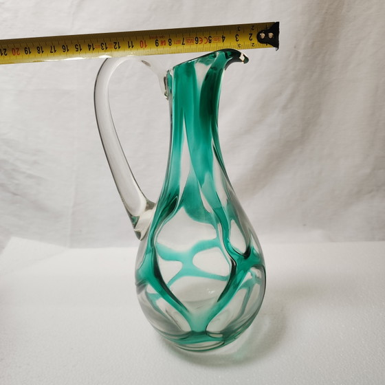 Handgeblazen kunstglazen kan uit het midden van de 20e eeuw in turquoise groen – organische, vrije vorm (photo 8 of 12)