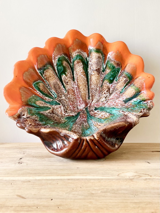 Image 1 of Vintage French Scallop Shell Bowl · Jaspe Marbled Glaze · Vallauris Style · Mid-Century Pottery · Ceramic Sculpture