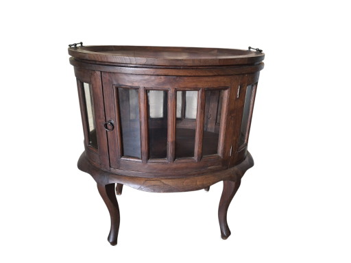Klassiek ovaal vitrinekastje, theekastje, wijntafel, whiskeybar met afneembaar dienblad afm. 68x45cm en 74cm hoog.