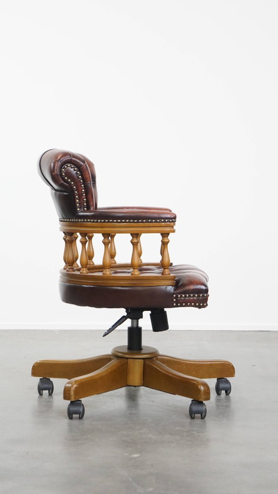 Image 1 of Brown height adjustable cowhide leather and wood chesterfield office chair on wheels