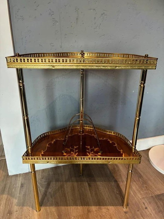 Console Murale Demi Lune, Table en Bois Incrusté Laiton Années 50, Doré, 1950 (photo 6 sur 7)