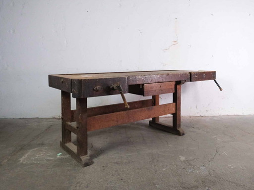 Vintage industriële werkbank, ladekast, dressoir