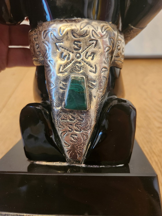 Image 1 of 2 large Mexican sculptures – Solid Obsidian & Alpaca/Silver with Turquoise inlay – 35 cm – Monumental weight: 8.8 kg!