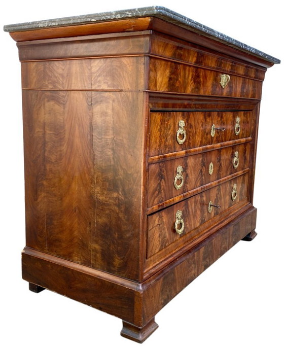 Image 1 of Louis Philippe 19th century secretary commode in walnut and burr walnut with a black marble top veined with white