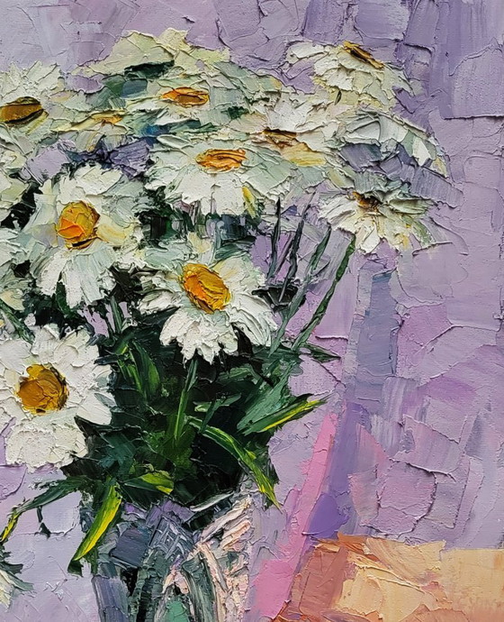 Original Oil Painting Floral Still Life Flowers in a Vase Bouquet of Daisies – Paintings & Drawings, Canvas (photo 5 of 7)