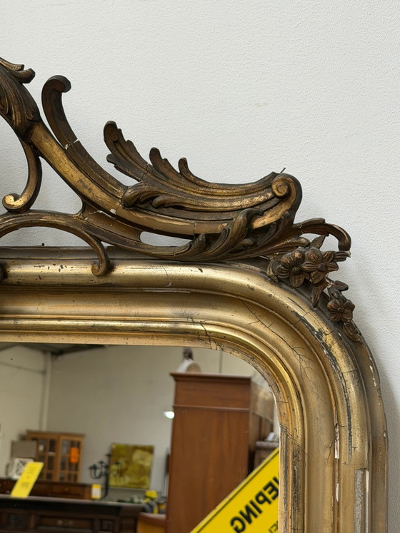 19th-Century Gilt Mirror with Ornate Crest, 192 × 100 cm (photo 3 of 8)