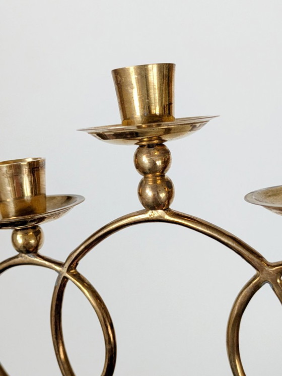 Image 1 of Candélabre vintage en laiton, porte-bougie conique à 3 bras, style milieu du siècle