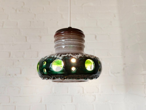 Keramieken aardewerken vintage hanglamp van Herda, west germany fat lava stijl, keramische retro, groene hanglamp
