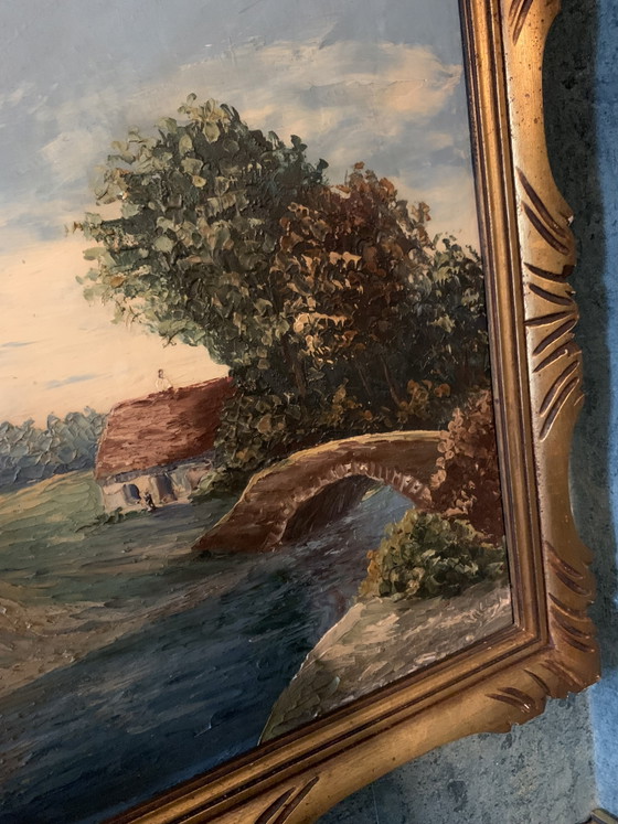 Old French School Oil Painting – River Landscape – Signed – Art Deco Frame 60 x 51 cm – Paintings & Drawings (photo 7 of 14)