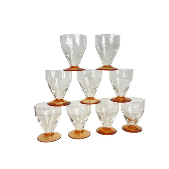 9 Art-Deco-Wein- oder Wassergläser mit bernsteinfarbenen Stielen, 9 cl – Gläser & Karaffe, Glass (photo 7 of 7)