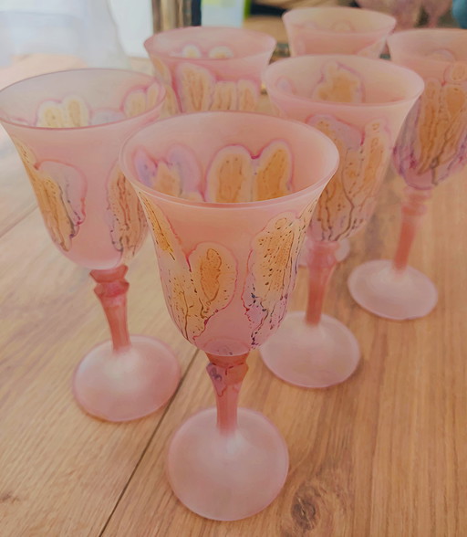 Unique Vintage Set of 6 Hand Blown Frosted Champagne Glasses in Pink/Abrico-Orange Shades