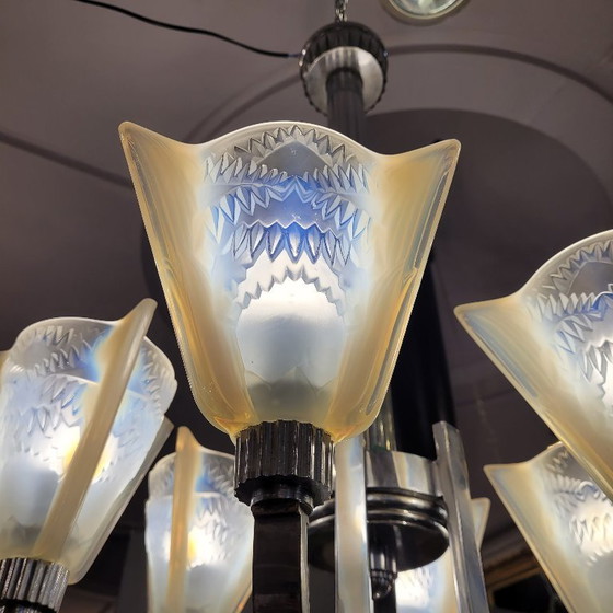 Image 1 of Deckenleuchte / Kronleuchter Atelier Petitot Paris, Glas und vernickeltes Metall, Art déco, 1930er Jahre – Frankreich