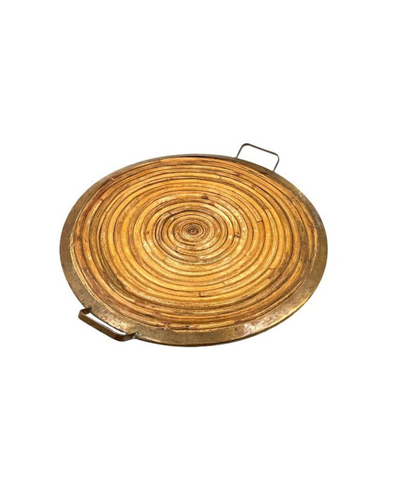 Image 1 of Vassoio Hollywood Regency in ottone e vimini, Italia 1970 ca.