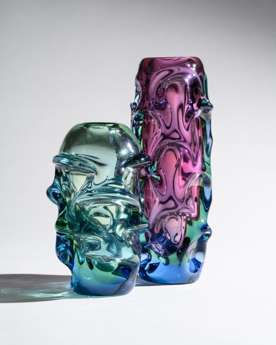 Image 1 of Zeldzaam sculpturaal Tsjechisch glas "Propeller" vaasduo Jan Beránek & Jan Kotík