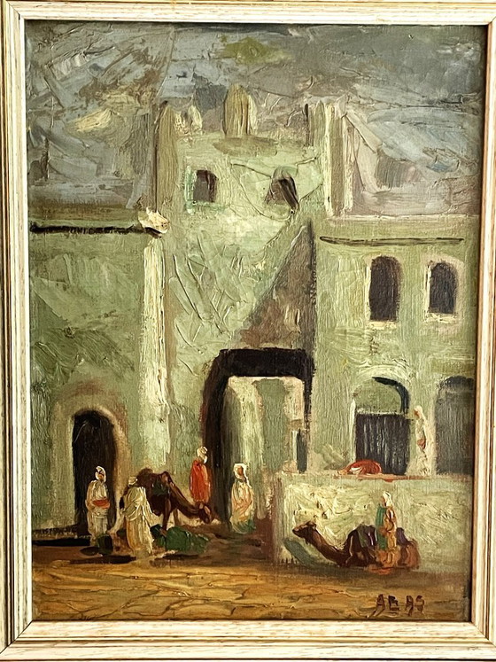 Dipinto a olio con scena orientale, firmato AB 95, Dipinti e disegni, Tela, Legno, Verde, Figuratief (foto 2 di 6)