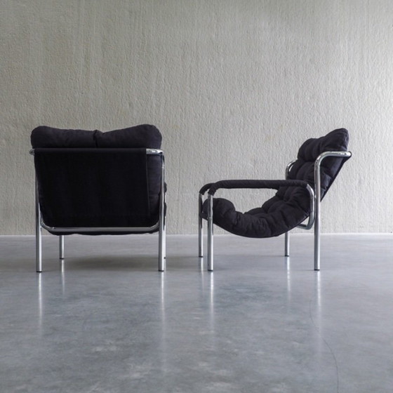 Coppia di Poltrone Tubolari Mid-Century Modern, Tessile, Nero (foto 11 di 12)