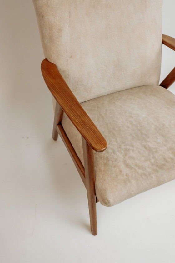 Image 1 of Fauteuil vintage en teck, années 1960 - Revêtement beige