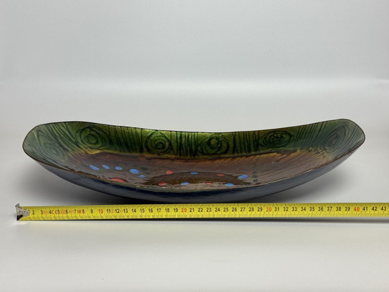 Image 1 of Large mid-century Italian Copper Bowl with Bright Enamel Decorations in warm and vibrant colors by Studio Laurana, Pesaro Italy