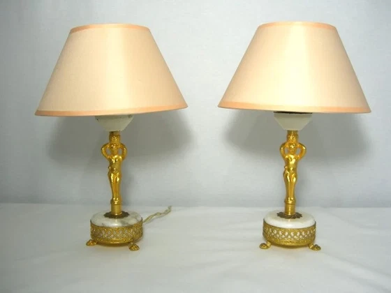 Image 1 of Art Nouveau, Neo Klassiek, Accent Slaapkamerlampen (2), Verguld Messing, Marmer, Luxe Verlichting, Uniek