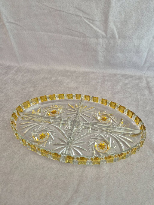 Bandeja ovalada de 4 secciones Walther Glas, detalles en oro y ámbar, bandeja decorativa de cristal, 31,5 cm, excelente estado.