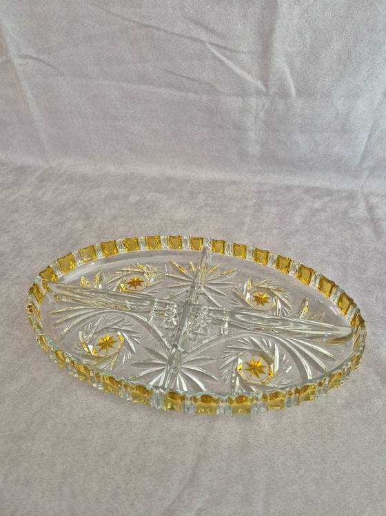 Image 1 of Bandeja ovalada de 4 secciones Walther Glas, detalles en oro y ámbar, bandeja decorativa de cristal, 31,5 cm, excelente estado.