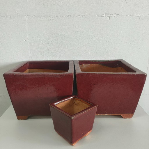 Ensemble de pots de fleurs vintage en céramique rouge Bordeaux