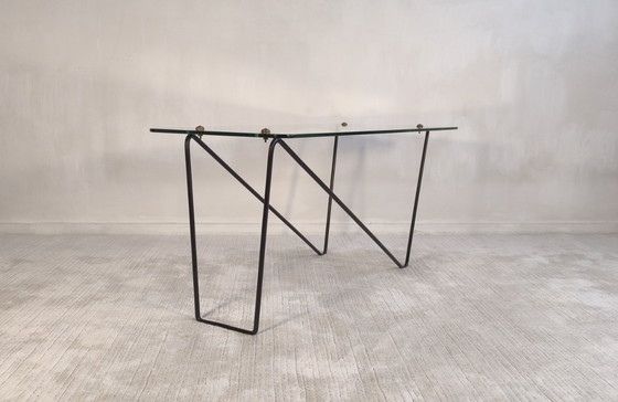 Image 1 of 😍 Stunning AIRBORNE asymmetrical coffee table, 1950s style, glass and lacquered metal, Made in Montreuil 😍