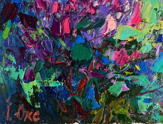 Image 1 of Original Oil Painting Night Village Landscape The first lilac over the field