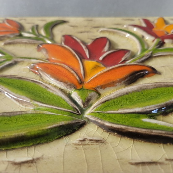 Image 1 of Cadre mural en céramique émaillée, fleurs et relief orange pop,BOITZENBURG, west germany, 1960-70 