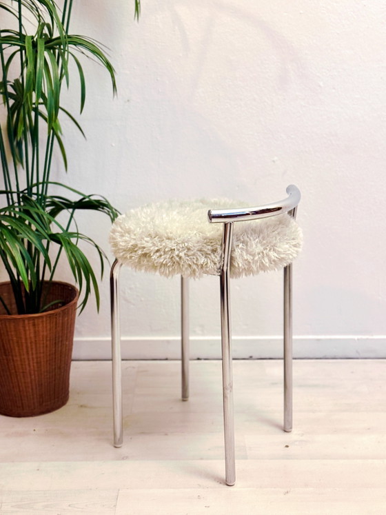 Image 1 of Vintage tubular frame stool with fluffy upholstery