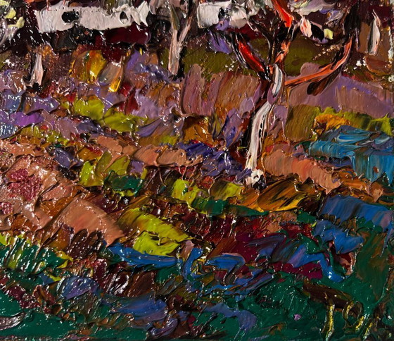 Image 1 of Original Oil Painting Gloomy Trees Landscape Gardens in bloom spring is unfolding