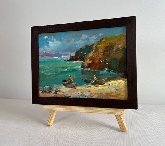 Image 1 of Original Oil Painting Sea Rock Landscape Great Day to Go Fishing