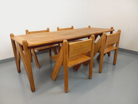 Image 1 of Exceptional suite of a large rectangular table and 4 vintage Brutalist chairs in solid oak from the 60s