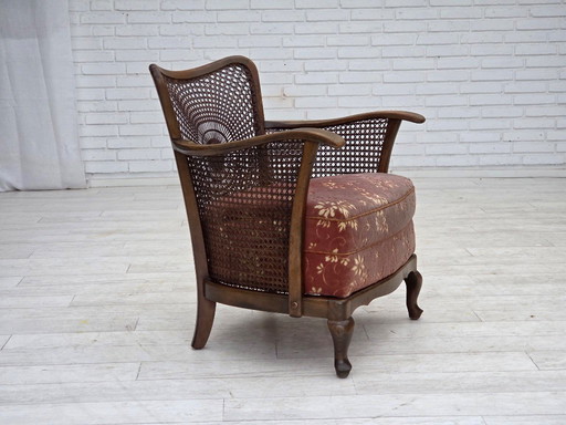 Poltrona danese, anni '50, velluto rosa salmone, rete metallica.